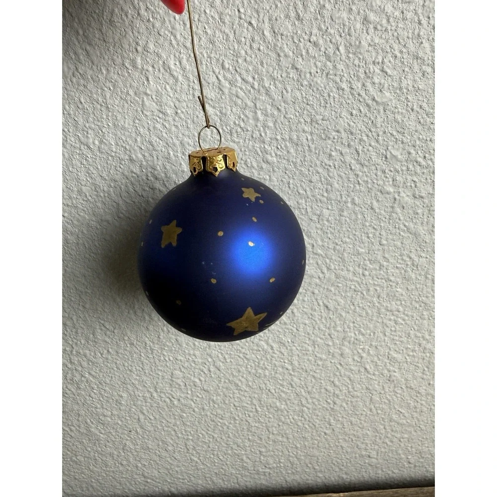 Signed Celestial Moon Stars Hand Painted Blue Glass Ornament Vintage 1993 Studio